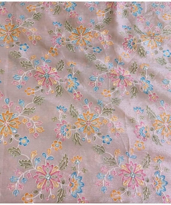 GOLDEN FLORAL CHANDERI EMBROIDERY FABRIC