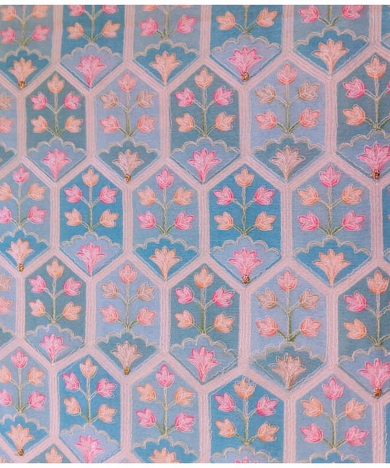 BLUE GEOMETRIC CHANDERI EMBROIDERY FABRIC