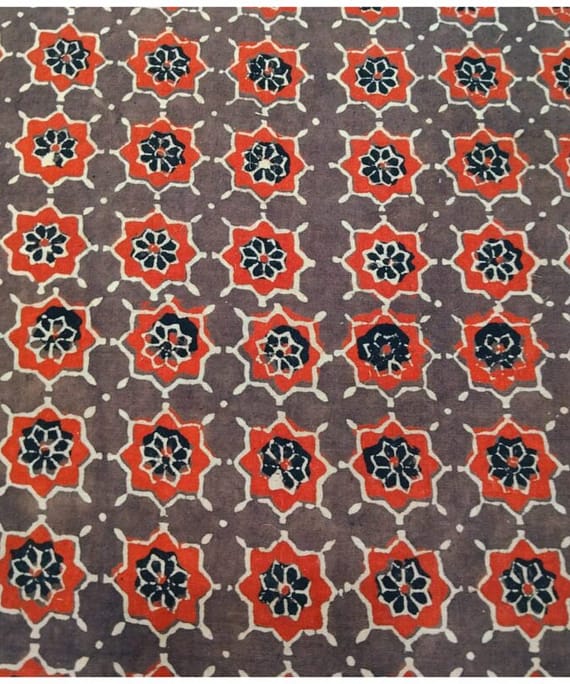 BROWN FLORAL GEOMETRIC COTTON AJARKH ORGANIC PRINT
