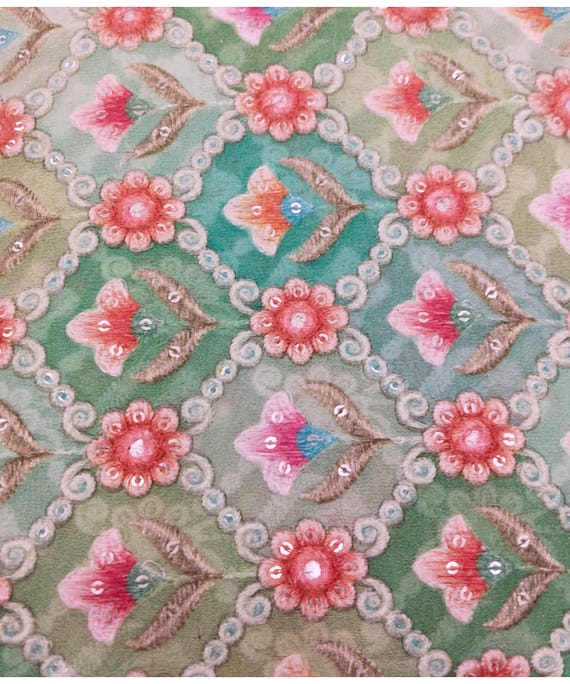 GREEN SHADED GEOMETRIC VISCOSE GEORGETTE EMBROIDERY