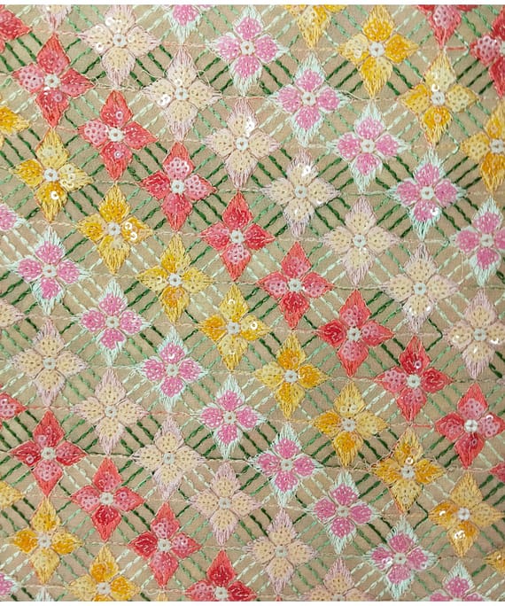 GREEN GEOMETRIC VISCOSE GEORGETTE EMBROIDERY